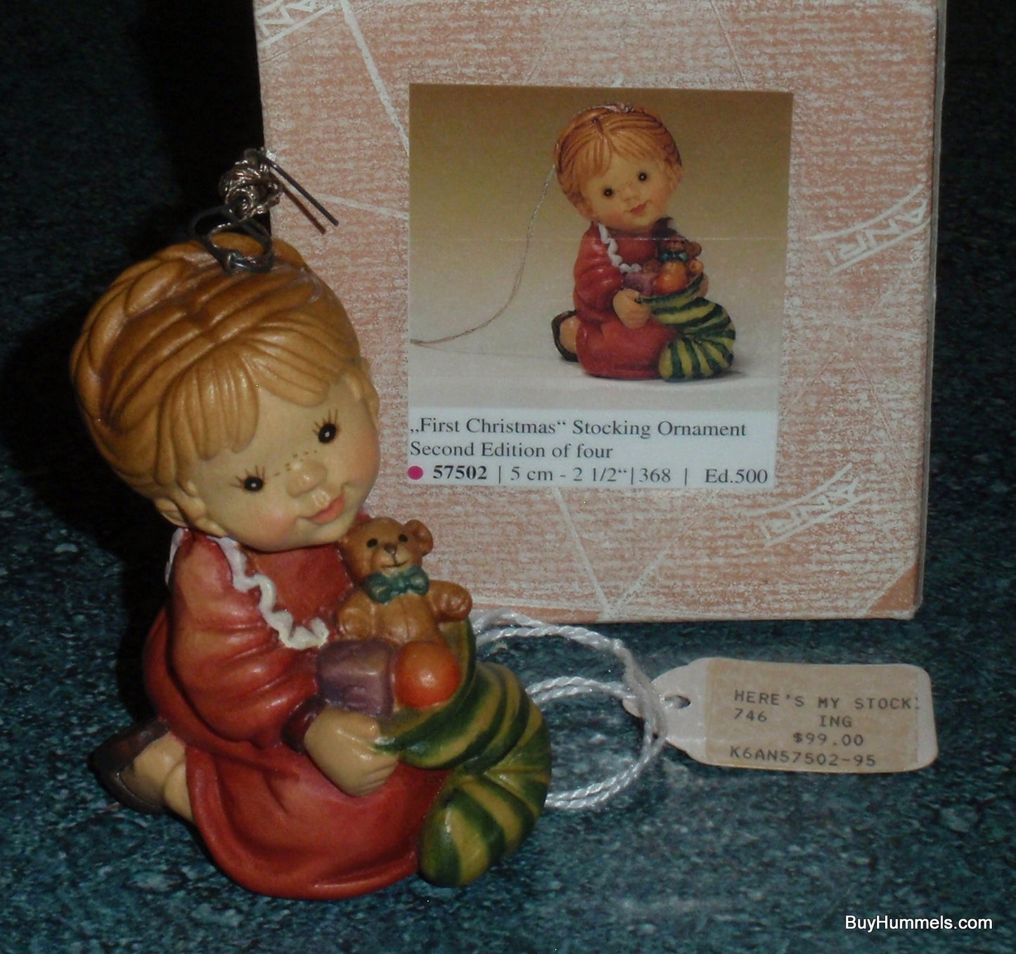 "Here's My Stocking" Anri Sarah Kay Wood Carved Christmas Ornament #57502 With Original Box Christmas Gift From The First Christmas Collection