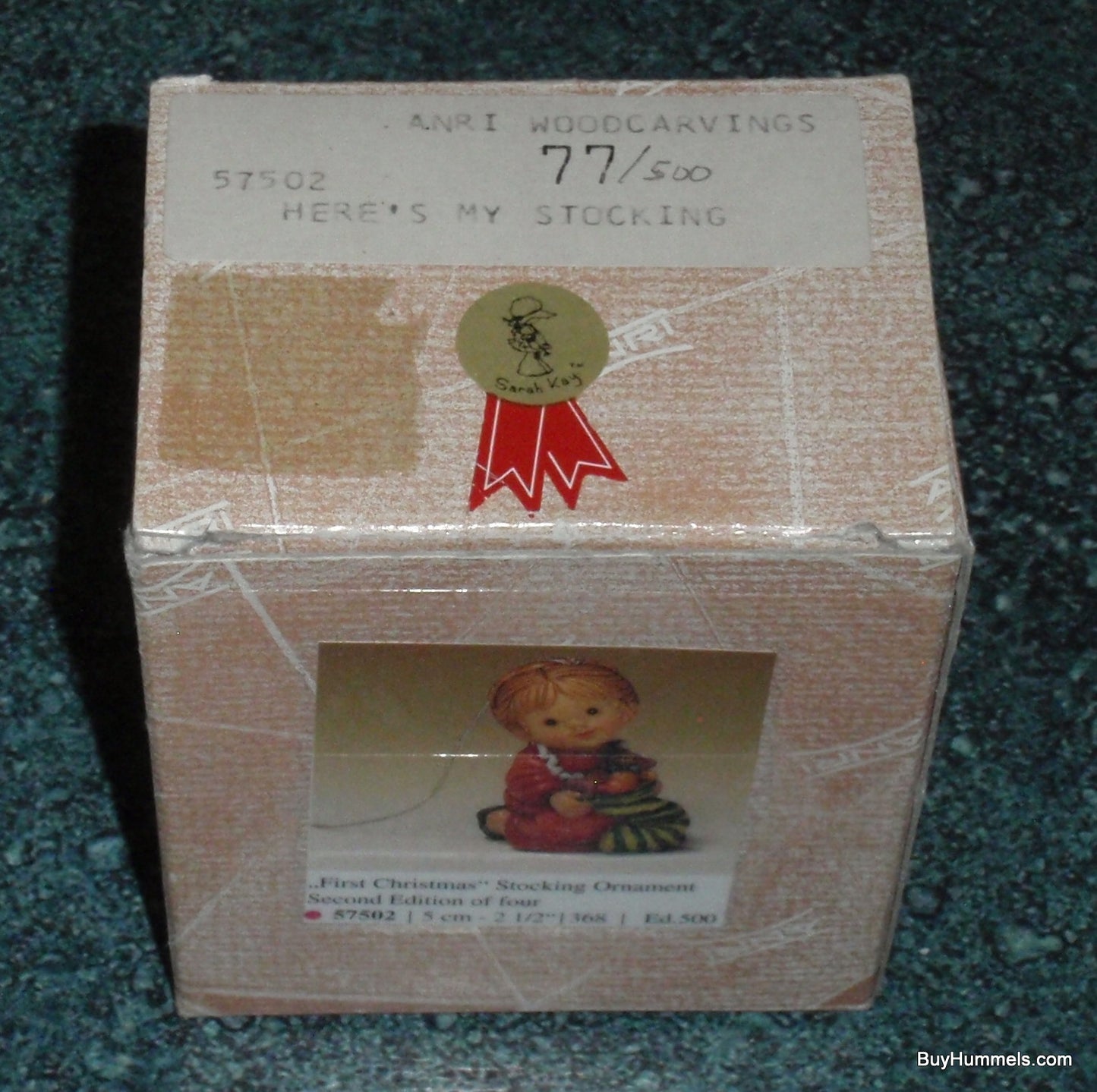 "Here's My Stocking" Anri Sarah Kay Wood Carved Christmas Ornament #57502 With Original Box Christmas Gift From The First Christmas Collection