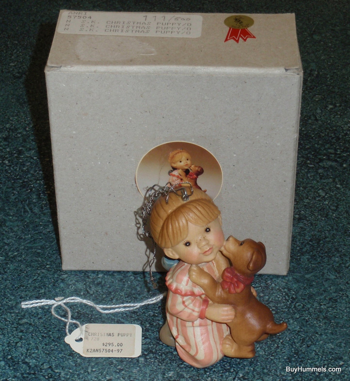 "Christmas Puppy" Anri Sarah Kay Wood Carved Christmas Ornament Figurine With Original Box!