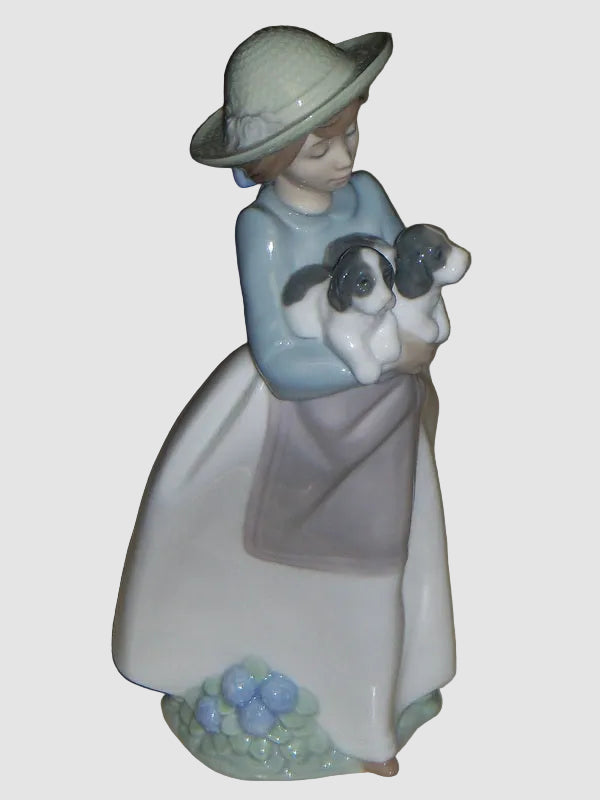 "What An Armful" Lladro Nao Figurine #1156 - Girl With Puppies (10")