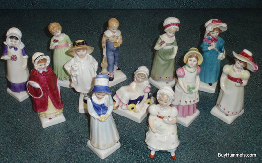 Newly acquired vintage Royal Doulton Kate Greenaway figurines on the curator's desk.