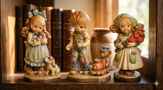 Authentic vintage Sarah Kay ANRI woodcarving figurines displayed on an oak bookshelf, showcasing premium Alpine maple craftsmanship.