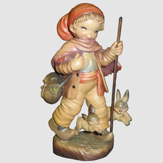 ANRI Long Journey Woodcarving Figurine 651-641 Juan Ferrandiz Signed Ulrich Bernardi Hand Carved Italy Wooden Boy Rabbits Adventure