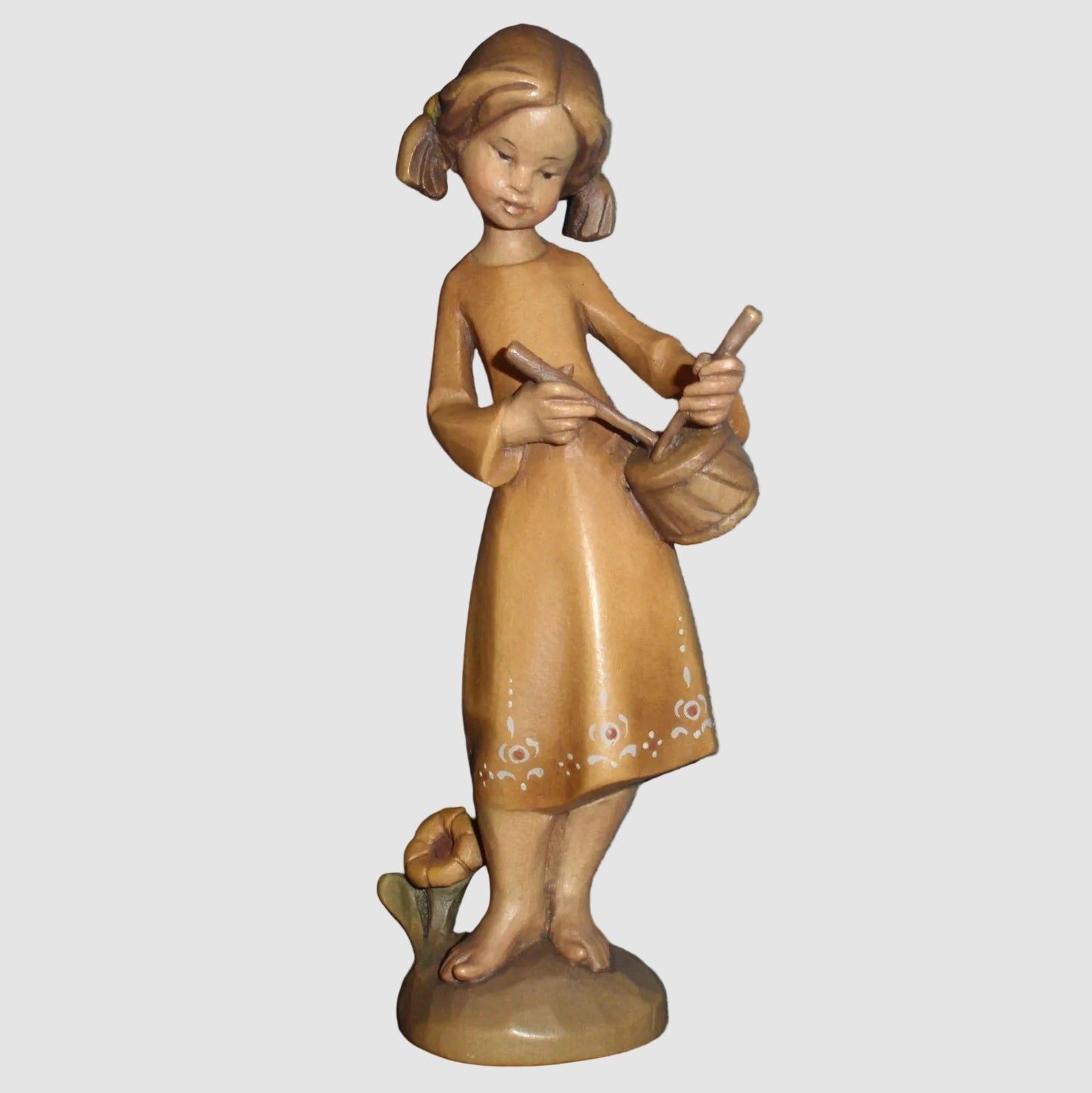 ANRI Drummer Girl Woodcarving Siegfried Hafner Hand Carved Italy Wooden Girl Playing Drum Pigtails Vintage