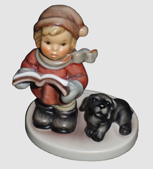 Goebel Hummel Wintertime Duet Figurine 2134 Winterständchen Girl Singing Puppy Dog Red Coat TMK-8 Vintage Germany Porcelain