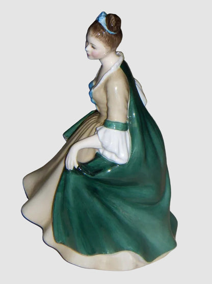 Royal Doulton Elegance Figurine HN 2264 Peggy Davies Pretty Ladies Collection Woman Green Tan Dress Blue Bows Vintage England Porcelain Bone China
