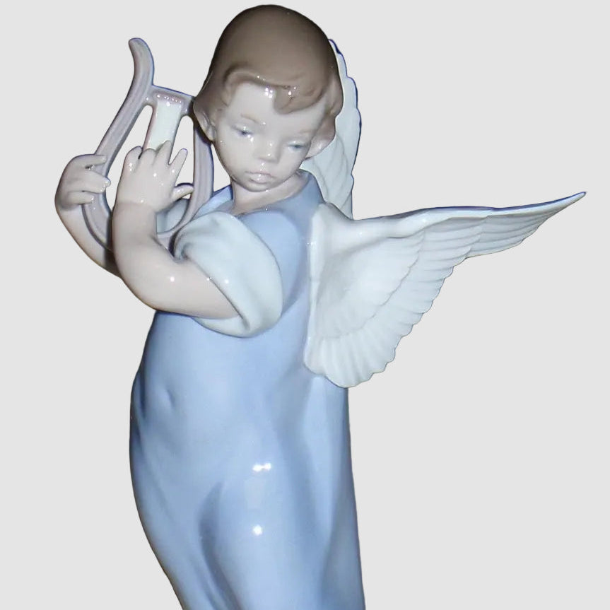 Lladro Angel With Lute Figurine 5493 Fulgencio Garcia Playing Lyre Blue Gown Glossy Vintage Spain Porcelain
