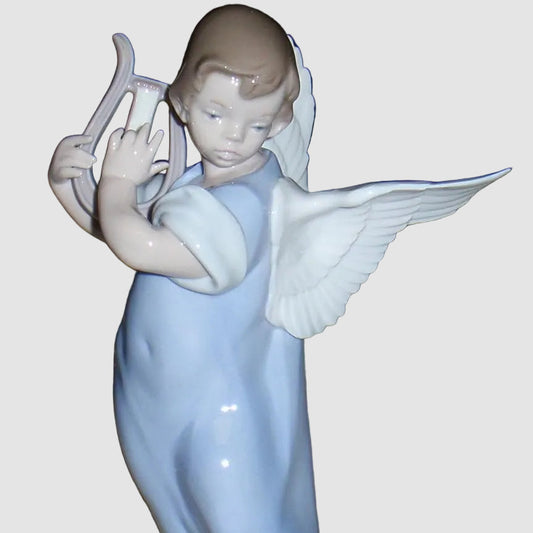 Lladro Angel With Lute Figurine 5493 Fulgencio Garcia Playing Lyre Blue Gown Glossy Vintage Spain Porcelain