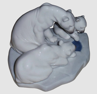 "Bearly Love" Lladro Figurine #1443 - Polar Bear Family Fishing (6")