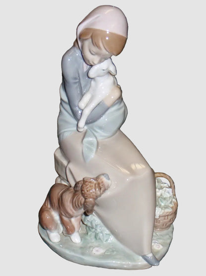 "Jealousy" Lladro Figurine #1278 - Girl With Lamb & Dog (9")