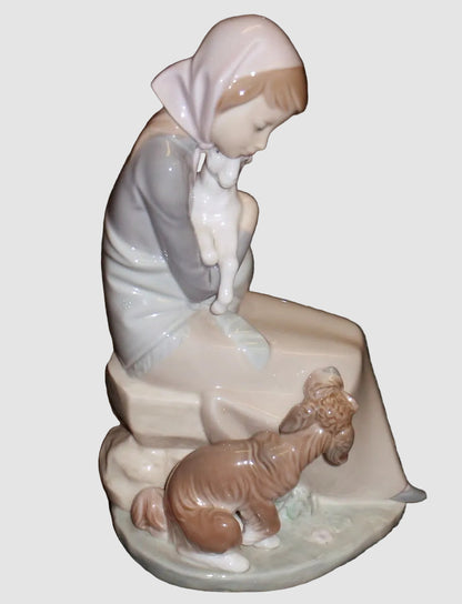 "Jealousy" Lladro Figurine #1278 - Girl With Lamb & Dog (9")