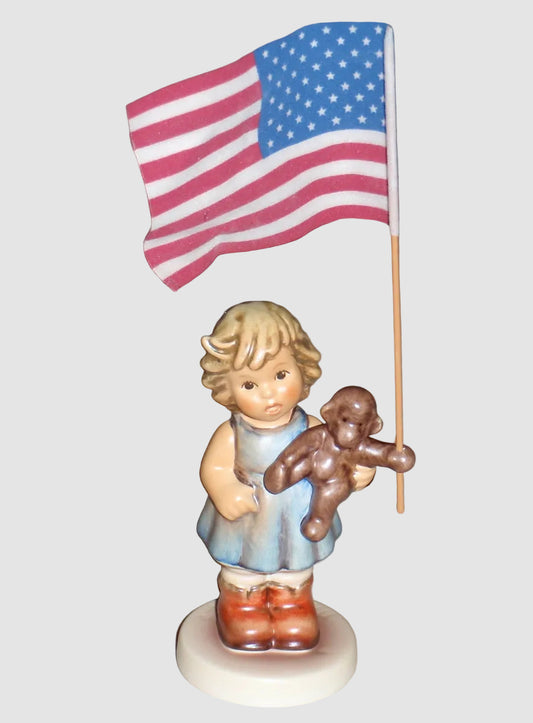 Goebel Hummel Freedom Day Figurine 2069 A Girl Monkey American Flag Special Edition TMK 8 Vintage Germany