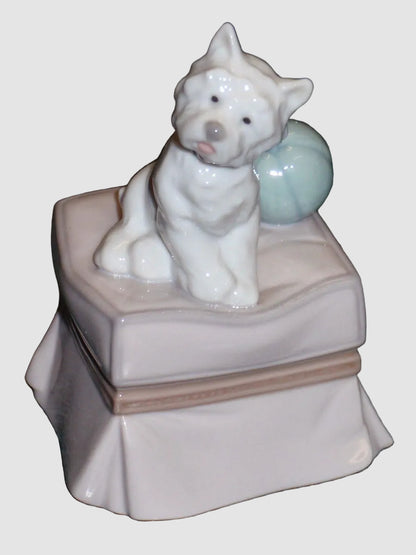 Lladro My Favorite Companion Figurine 6985 Puppy Dog Terrier White Blue Ball Glossy Vintage Spain Porcelain