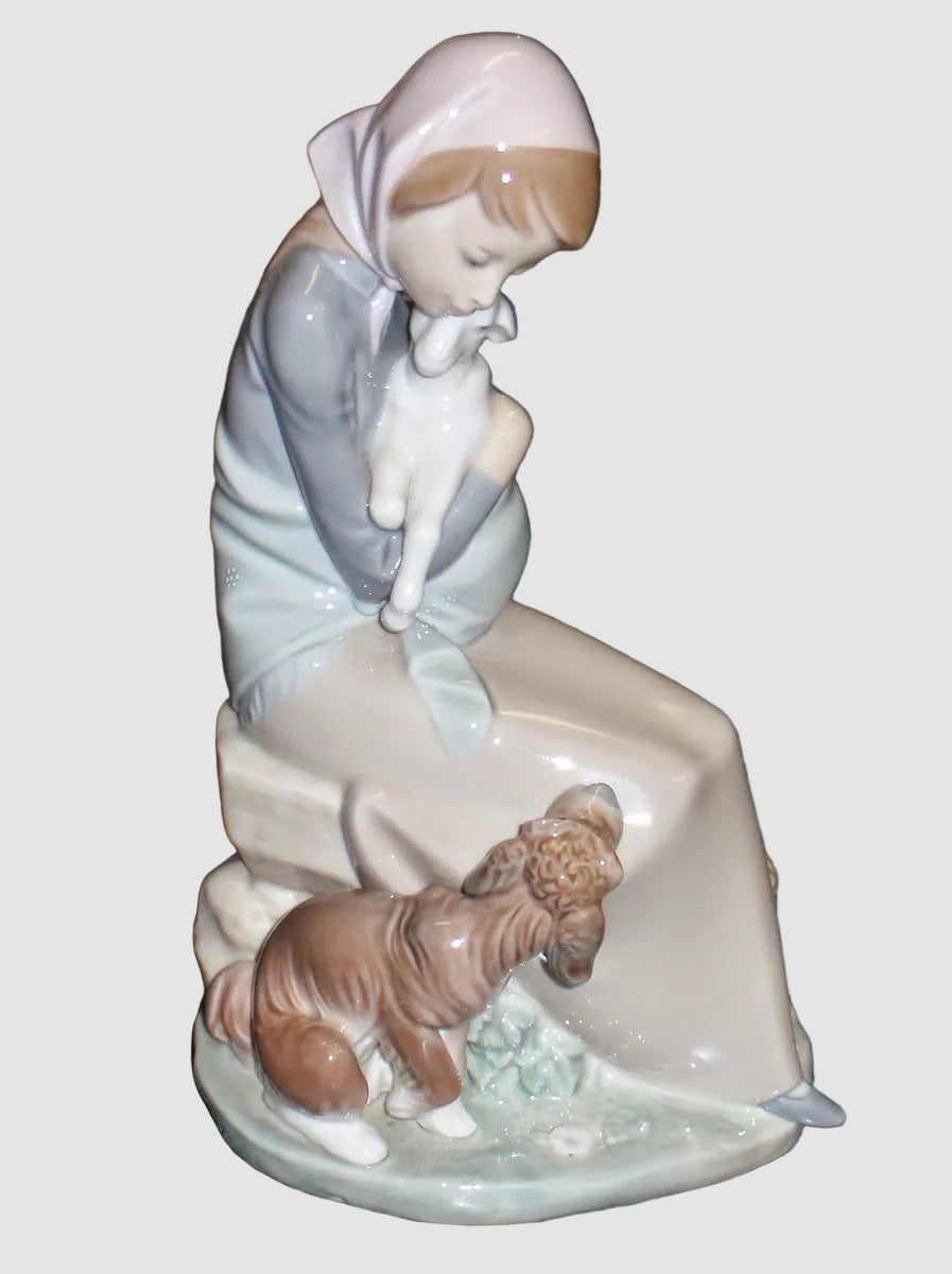 "Jealousy" Lladro Figurine #1278 - Girl With Lamb & Dog (9")