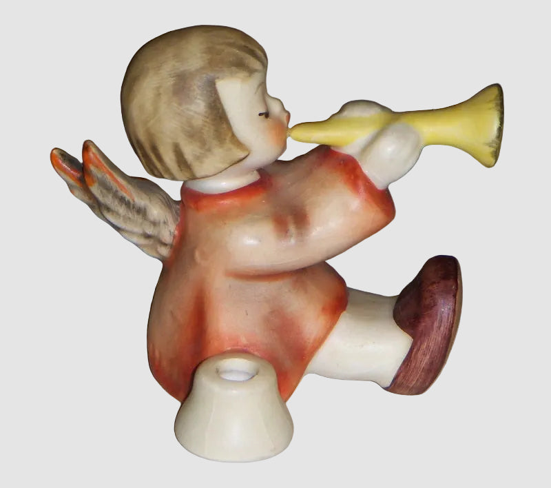 Goebel Hummel Joyous News Angel Figurine Trumpet Candle Holder 40 Reinhold Unger 1935 Vintage Germany Porcelain Matte Finish