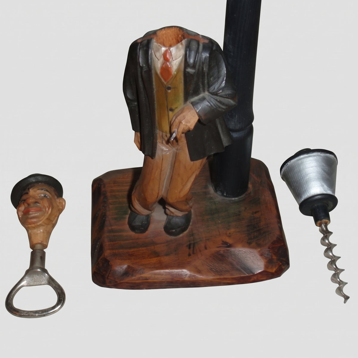 "Barware Set" Anri Woodcarving Man With Street Lamp Corkscrew & Bottle Opener (10.25")