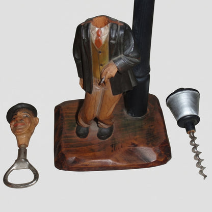 "Barware Set" Anri Woodcarving Man With Street Lamp Corkscrew & Bottle Opener (10.25")