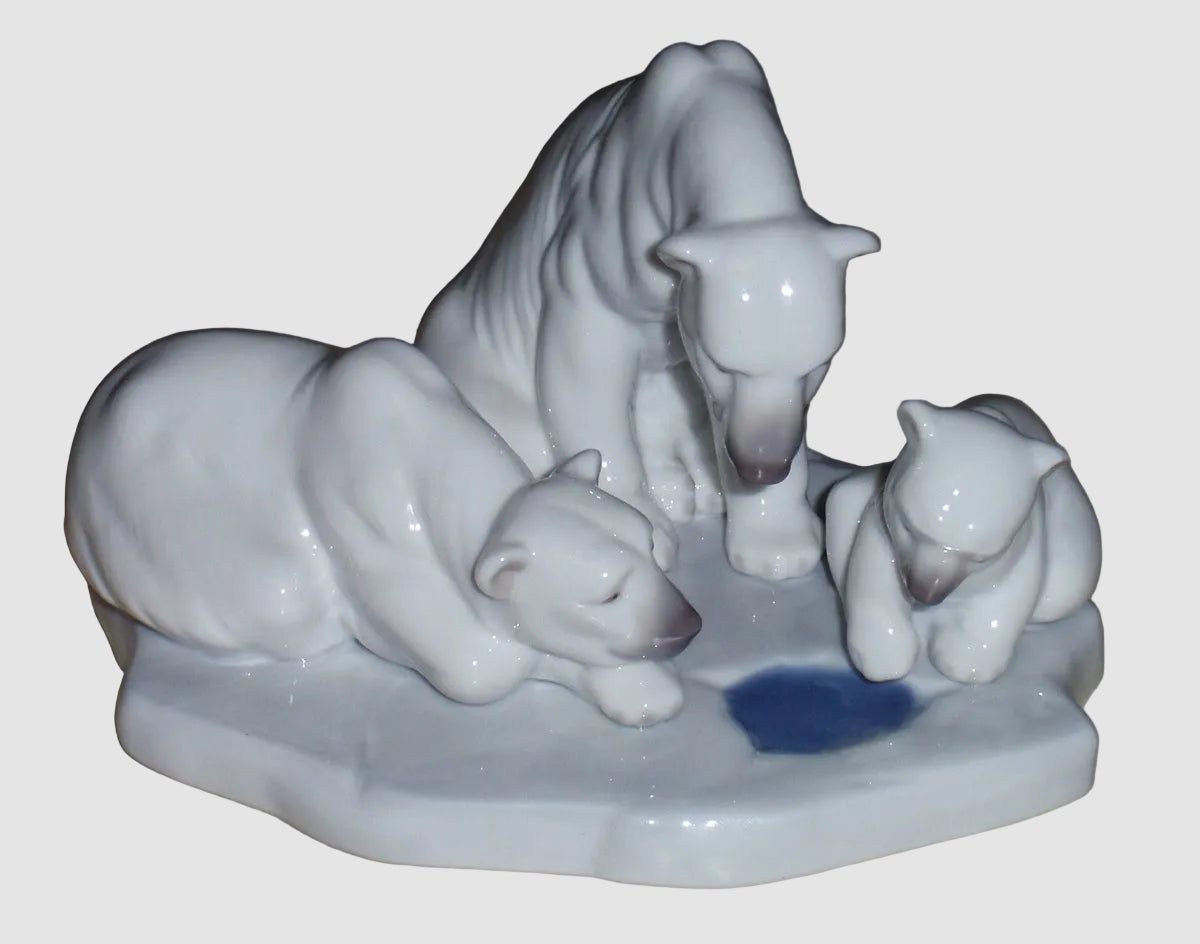 "Bearly Love" Lladro Figurine #1443 - Polar Bear Family Fishing (6")
