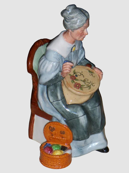 Royal Doulton Embroidering Figurine HN2855 Grandmother in Blue Dress Peggy Davies Vintage England Bone China