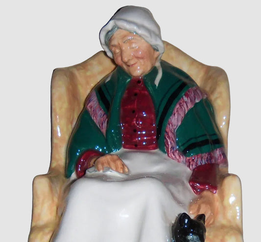 Royal Doulton Forty Winks Figurine HN1974 Old Woman Sleeping Armchair Black Cat Vintage England Bone China