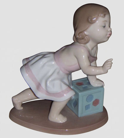 Lladro My First Step Figurine 6428 Jose Luis Alvarez Baby Girl Building Block Nursery Vintage Spain Porcelain Glossy Finish
