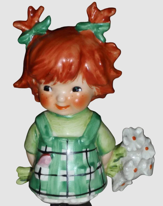 Goebel Charlot Byj Figurine 45 Dropping In Girl Redhead Pigtails Green Dress Flowers Vintage 1963 Germany Porcelain Glossy