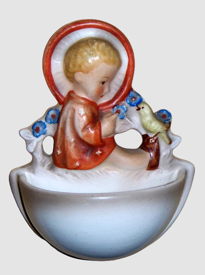 Goebel Hummel Sitting Angel Holy Water Font 22/0 Sitzender Engel mit Vogel Reinhold Unger Yellow Bird Blue Flowers Vintage Germany Porcelain