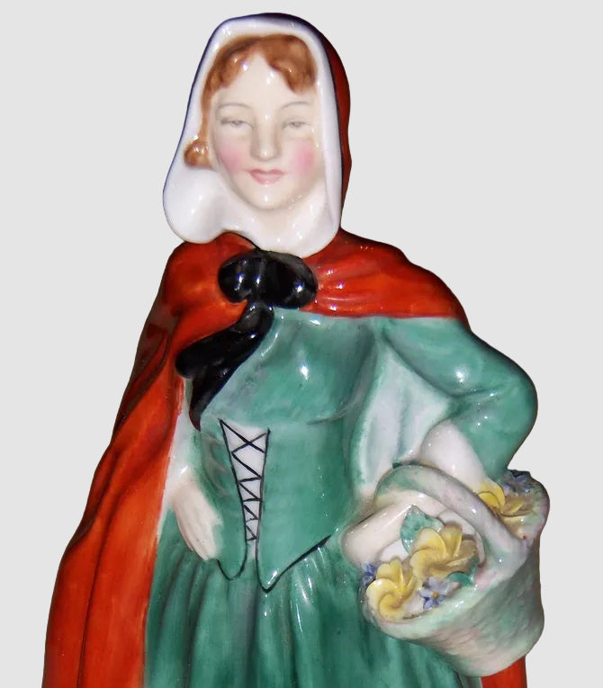 Royal Doulton Jean Figurine HN 2032 Leslie Harradine Series Lady Red Cape Green Dress Basket of Flowers Vintage England Porcelain Glossy Finish
