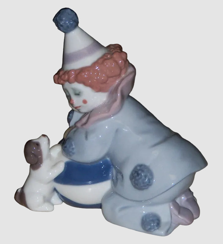 Lladro Pierrot Clown With Puppy And Ball Figurine 5278 Jose Puche Boy Dog Circus Vintage Spain Porcelain Glossy Finish
