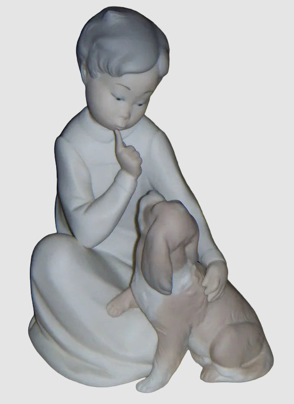 Shhh Quiet Puppy Retired Lladro Figurine Matte Finish 4522 Vicente Martinez Boy with Dog Spanish Porcelain Collectible