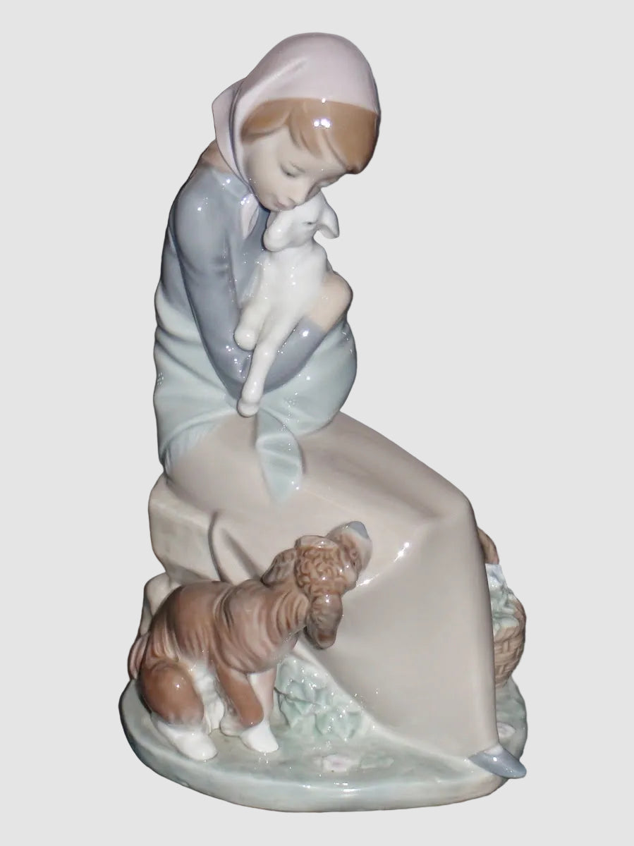 Lladro Jealousy Figurine 1278 Devotion Juan Huerta Girl Baby Lamb Puppy Dog Basket Flowers Glossy Vintage Spain Porcelain