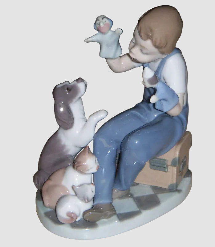 "Puppet Show" Lladro Figurine #5736 - Boy With Dog And Cats(6")