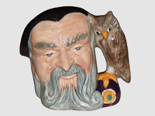 Royal Doulton Merlin Character Jug D6543 Miniature Wizard Magician Owl Handle Toby Jug Vintage England Porcelain Bone China