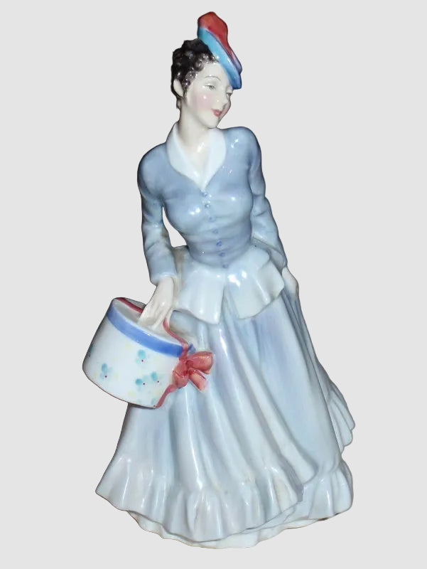 Royal Doulton Midinette Figurine HN2090 Arthur Leslie Harradine Blue Dress Present Vintage England Bone China