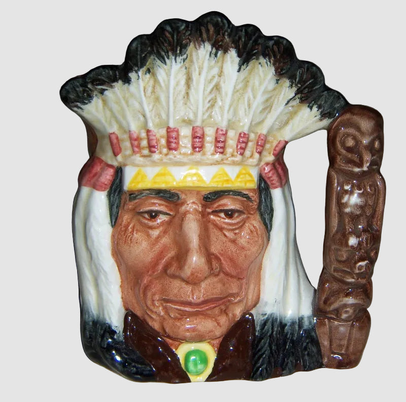 Royal Doulton North American Indian Character Toby Jug D6614 Max Henk Chief Headdress Totem Pole Handle Vintage English Bone China Glossy Finish