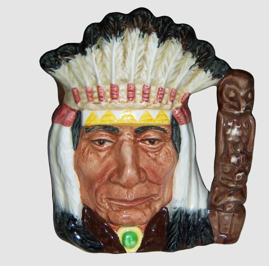 Royal Doulton North American Indian Character Toby Jug D6614 Max Henk Chief Headdress Totem Pole Handle Vintage English Bone China Glossy Finish