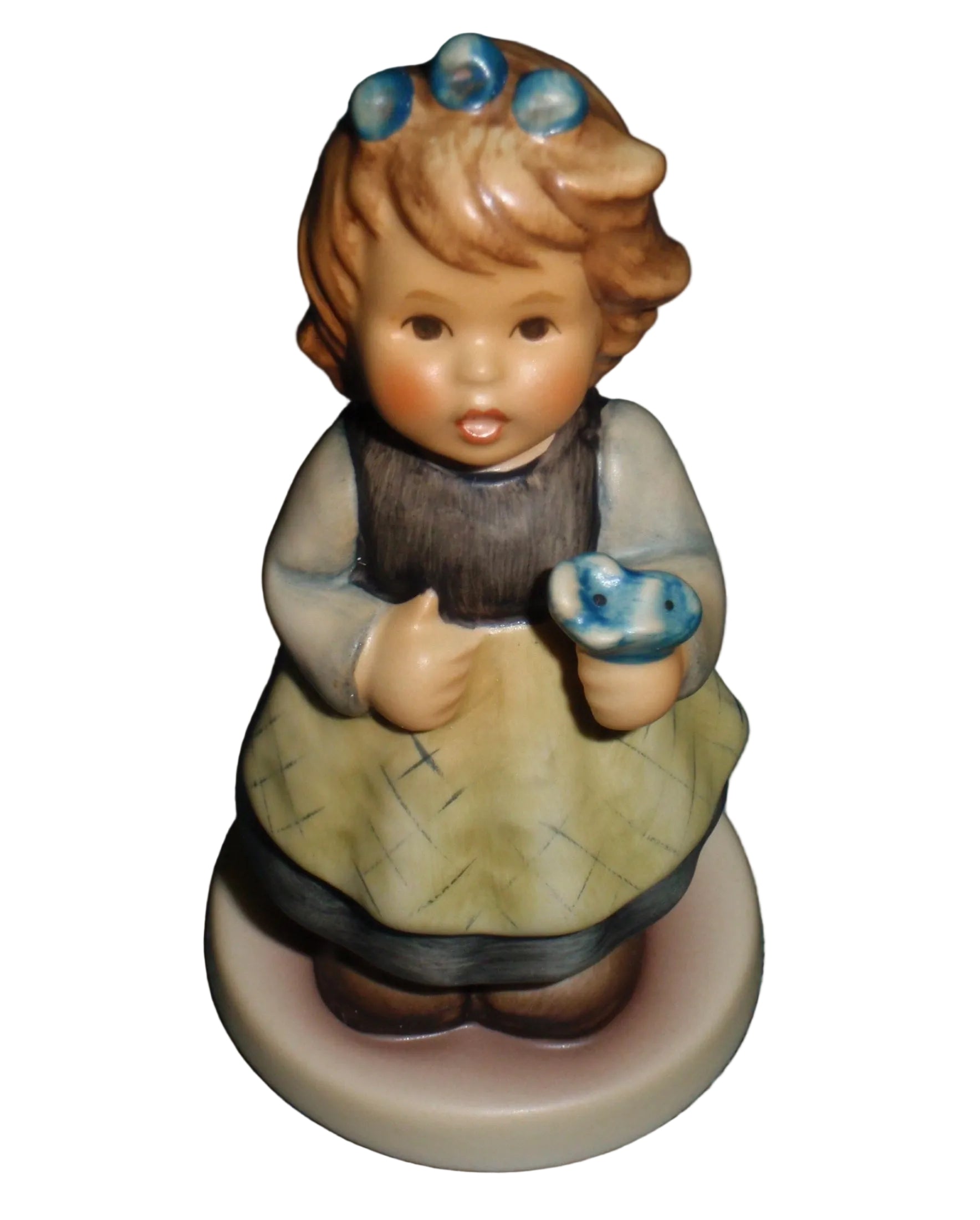 Goebel Hummel From The Heart 761 Girl in White Dress and Yellow Apron Holding Blue Flower Figurine Helmut Fischer