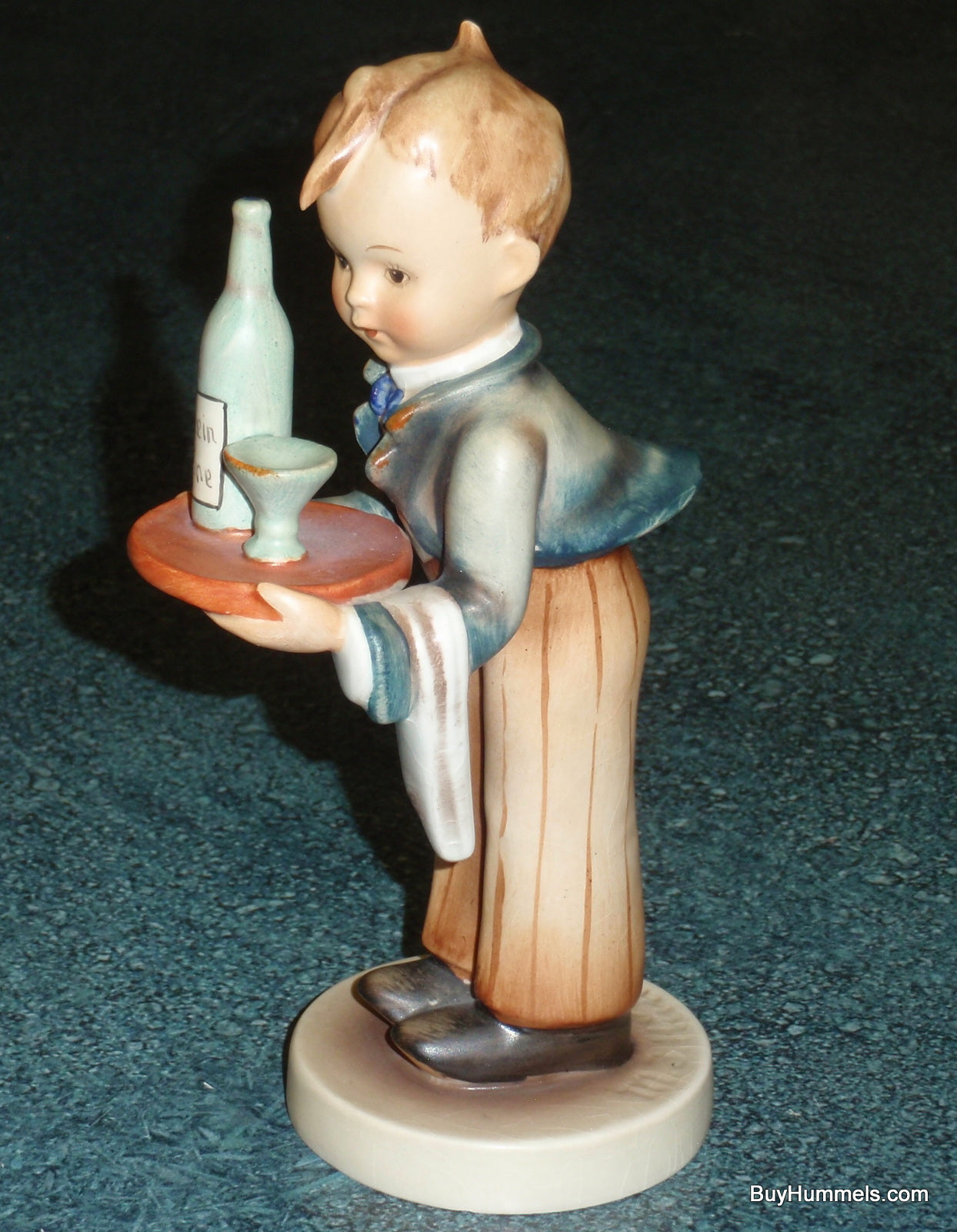 1950s Goebel Hummel Waiter Figurine 154/0 TMK2 Full Bee - Front View showing blue coat and wine tray