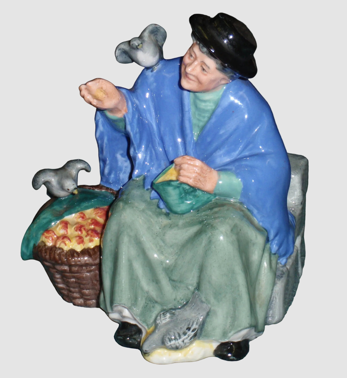 Royal Doulton Tuppence A Bag Figurine HN2320 Mary Nicoll Street Vendor Series Old Lady Feeding Pigeons Vintage England Porcelain Bone China