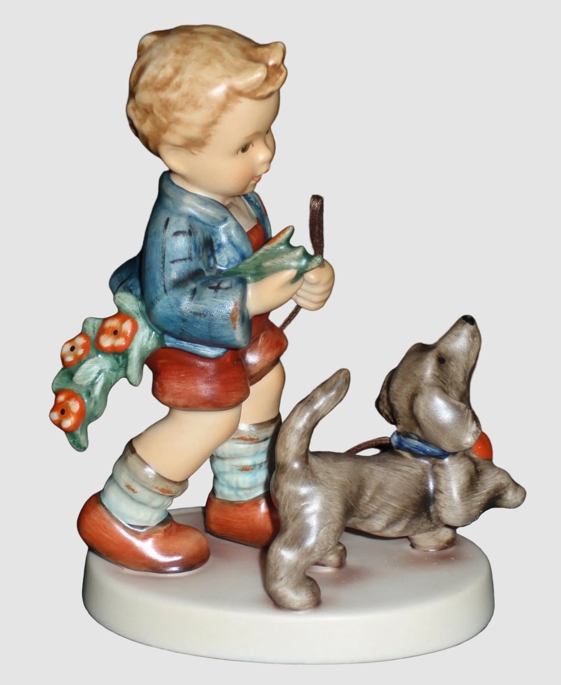 Goebel Hummel Sunday Stroll Figurine 2237 Boy Walking Dog Bouquet Sonntagsspaziergang Helmut Fischer TMK8 Limited Edition Vintage Germany