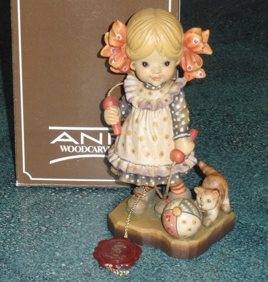 "LET'S PLAY" ANRI SARAH KAY WOOD CARVING 6" FIGURINE - Girl With Kitten!