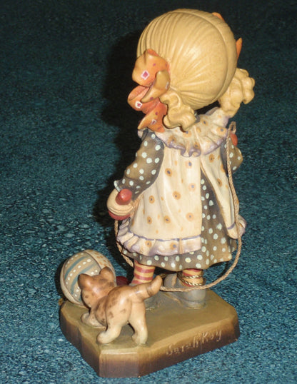 "LET'S PLAY" ANRI SARAH KAY WOOD CARVING 6" FIGURINE - Girl With Kitten!