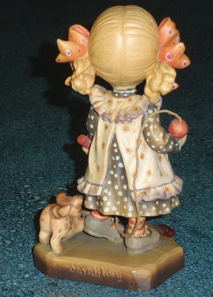 "LET'S PLAY" ANRI SARAH KAY WOOD CARVING 6" FIGURINE - Girl With Kitten!