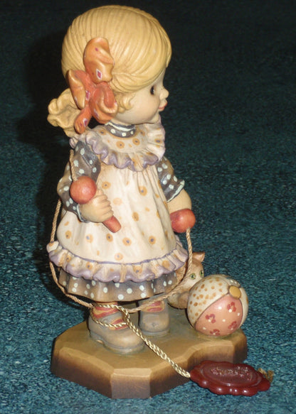 "LET'S PLAY" ANRI SARAH KAY WOOD CARVING 6" FIGURINE - Girl With Kitten!