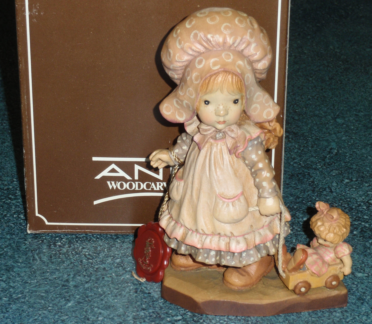 Anri "Playtime" 6" Hand Carved Wood Figurine By Sarah Kay - Little Girl With Doll In Her Toy Wagon!