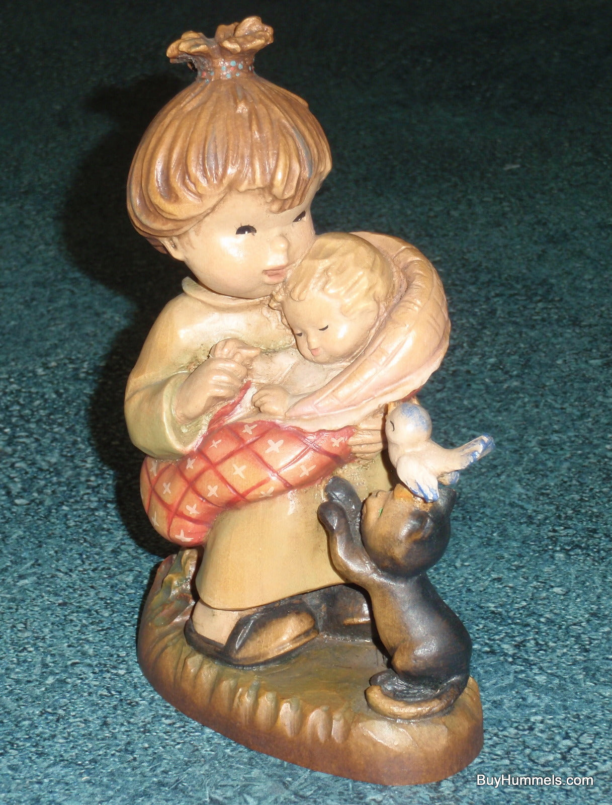 "Little Mother" Anri Ferrandiz 6" Wood Figurine - Mother And Baby With Kitten And Blue Bird - Adorable Gift!