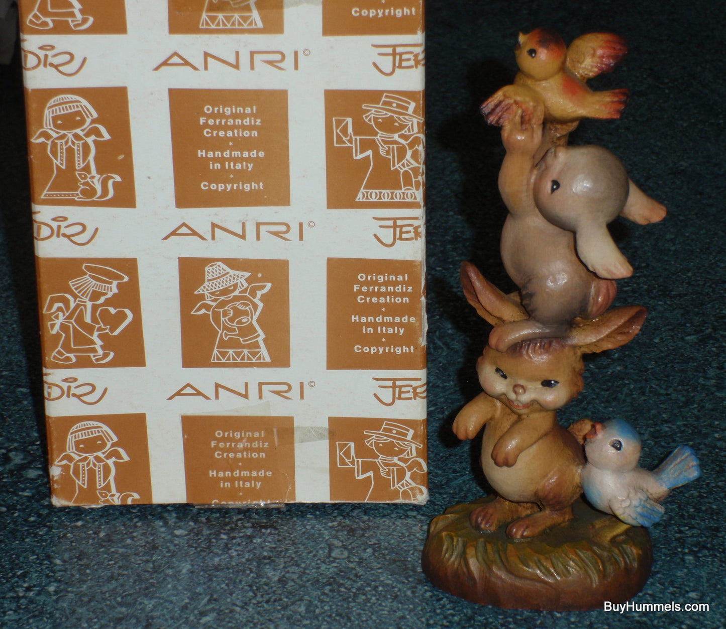 "Helping Hands" Anri Ferrandiz Wood Carved 6" Figurine #651320 - Two Bunnies Helping A Bird - Nature Gift!