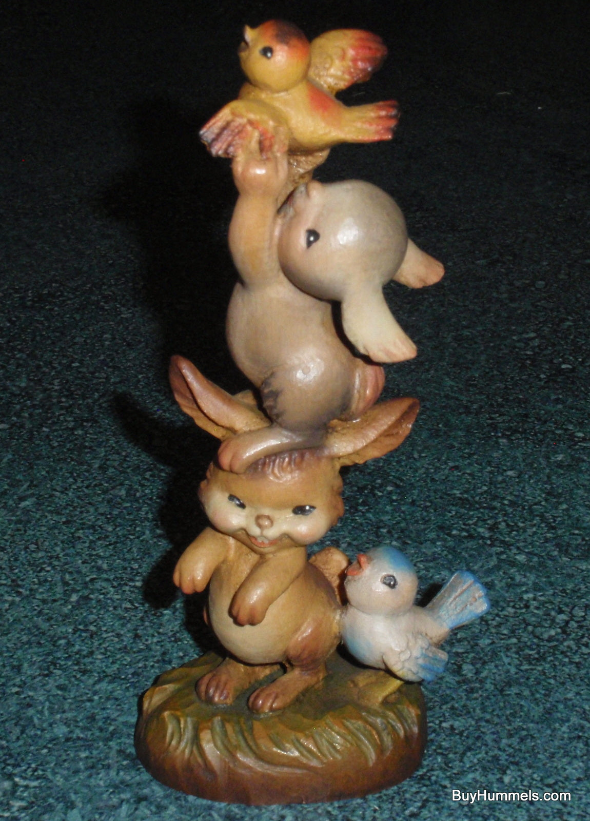 "Helping Hands" Anri Ferrandiz Wood Carved 6" Figurine #651320 - Two Bunnies Helping A Bird - Nature Gift!