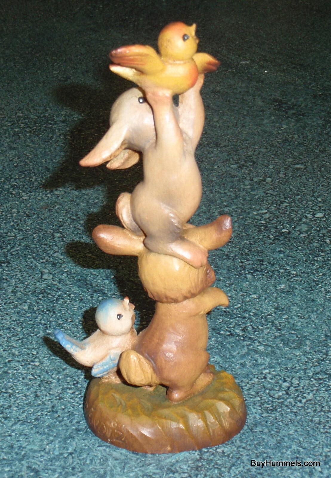 "Helping Hands" Anri Ferrandiz Wood Carved 6" Figurine #651320 - Two Bunnies Helping A Bird - Nature Gift!