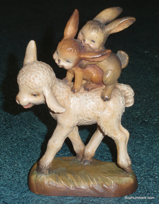 Anri Ferrandiz Wood Carved 6" Figurine "Spring Outing" - Two Rabbits Riding Lamb - Cute Gift!